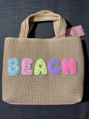 Neutral Straw Tote with Pastel 'BEACH' Lettering